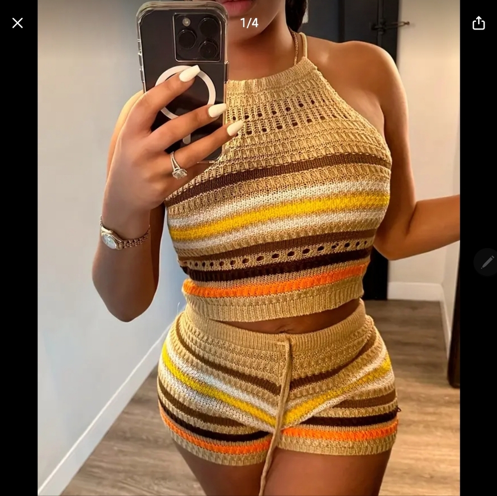 Striped Print Matching Two-piece Set, Y2K Halter Top & Drawstring Shorts Outfits